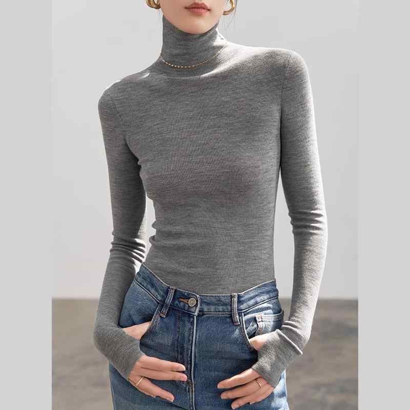 Three-Quarter Knit - ニット タートルネック レディース おしゃれ 秋冬 長袖 ハイネック 薄手 ウール 透け感 ベーシック シンプル 柔らかい