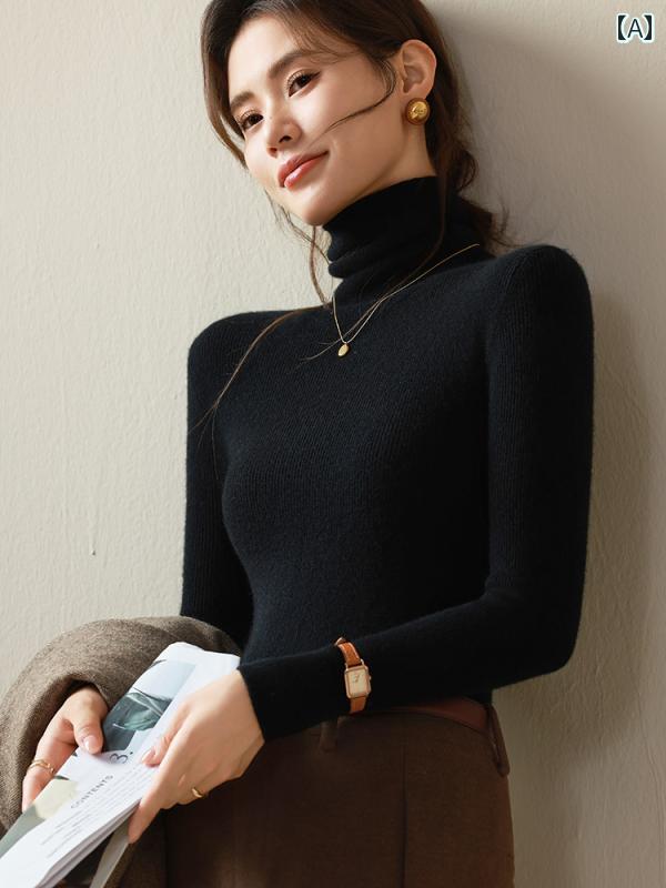 ニット ハイネック レディース おしゃれ タイト シンプル 無地 秋冬 長袖 セーター ウール ブラック ベーシック 上品 重ね着