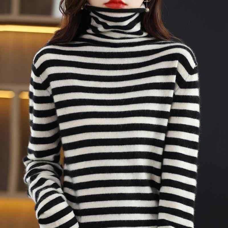 Turtleneck - ニット レディース おしゃれ 大きいサイズ タートルネック ボーダー 柄 ハイネック 秋冬 シンプル スリム 暖かい
