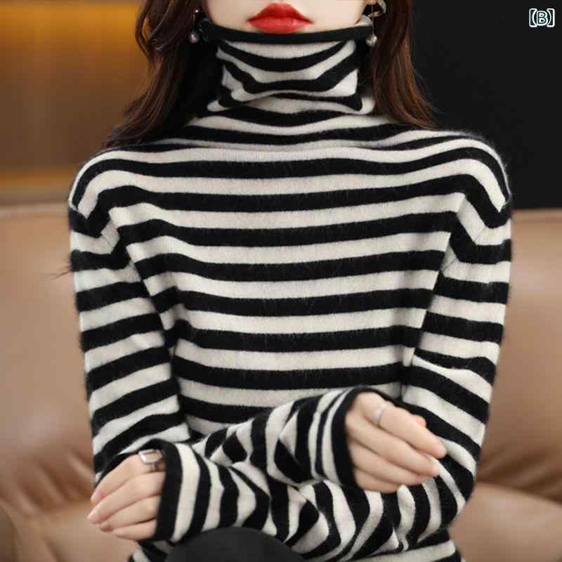 ニット レディース おしゃれ 大きいサイズ タートルネック ボーダー 柄 ハイネック 秋冬 シンプル スリム 暖かい