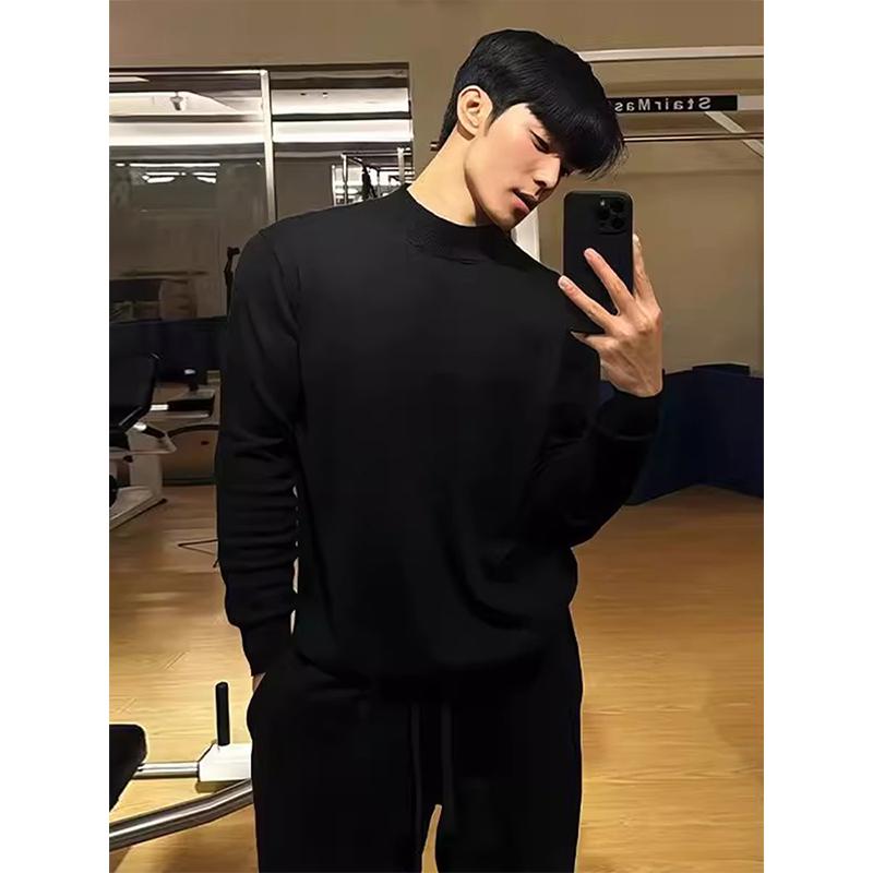 ニット セーター メンズ おしゃれ 黒 半タートルネック 冬 厚手 タイト シンプル 長袖