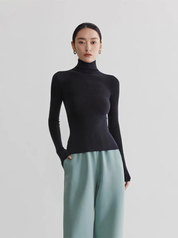 ニット レディース グレー タートルネック 長袖 スリム シンプル 秋冬 ソフト もっちり 上品