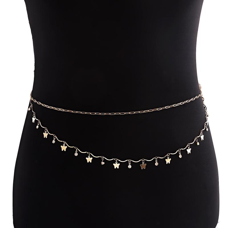 ウエストチェーン レディース おしゃれ ダブルレイヤー バタフライ チャーム フリンジ セクシー ストリート 風 単輪 金属 ボディチェーン