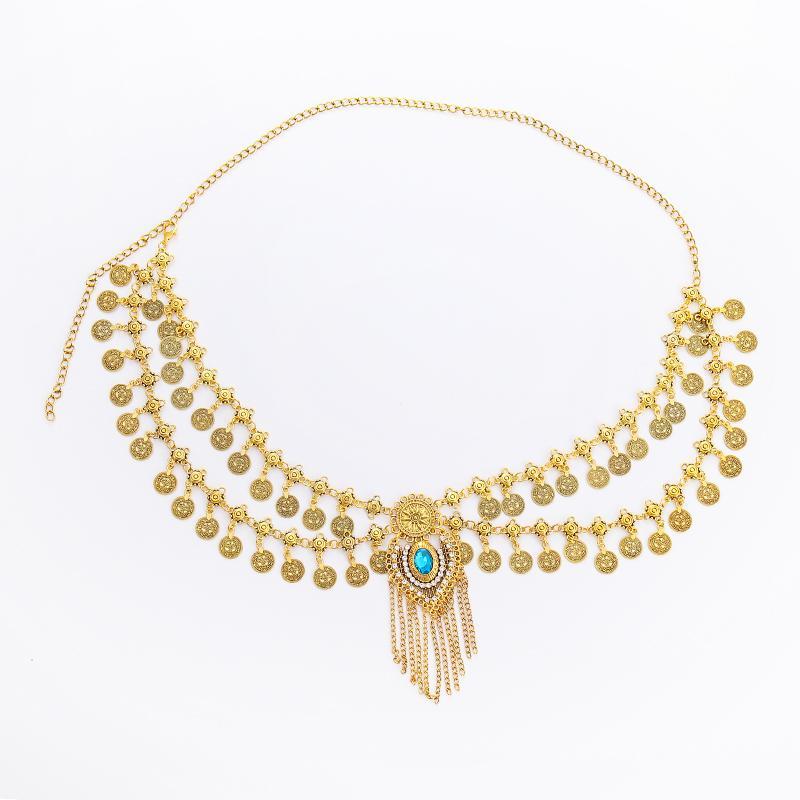 ボディチェーン レディース おしゃれ ヴィンテージ風 コイン ラインストーン フリンジ ダブルレイヤー ベリーダンス インド風