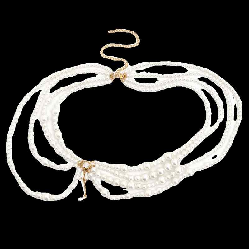 ベルト レディース おしゃれ フェイクパール 多層 チェーン ランダム サイズ ミックス 流れる フリンジ ナイトクラブ 華やか 重ね付け ボディチェーン ウエストアクセサリー