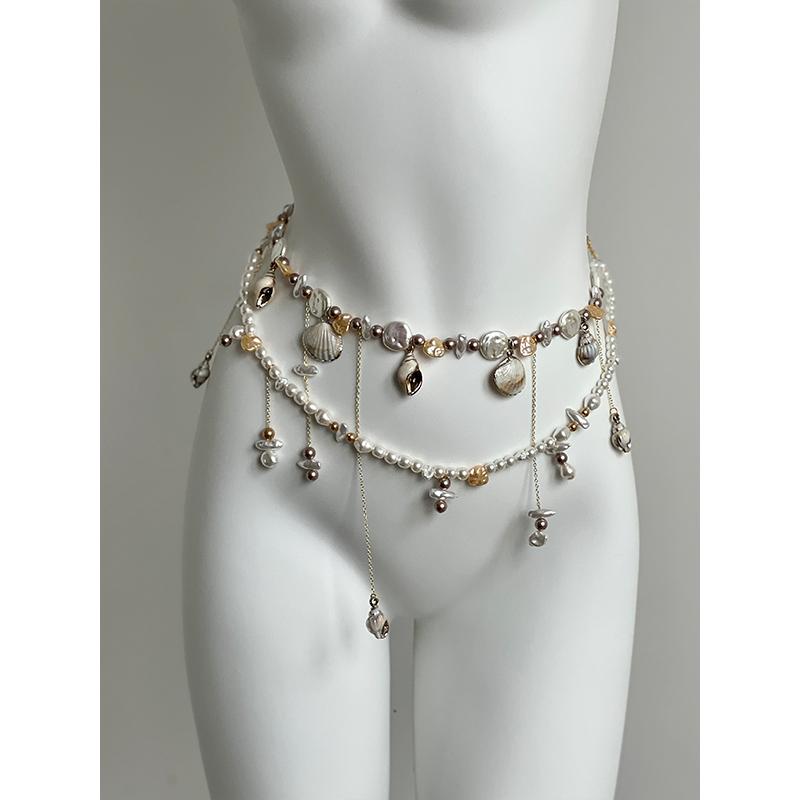 ウエストチェーン レディース おしゃれ シェル パール タッセル 重ね付け アクセサリー きれいめ 海 夏 韓国 ボディチェーン