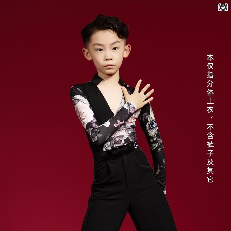 ラテンダンス シャツ 男の子 キッズ 子供 長ズボン 半袖 長袖 夏 Vネック 深V チャチャ 子供 無地 ステージ 衣装 上着