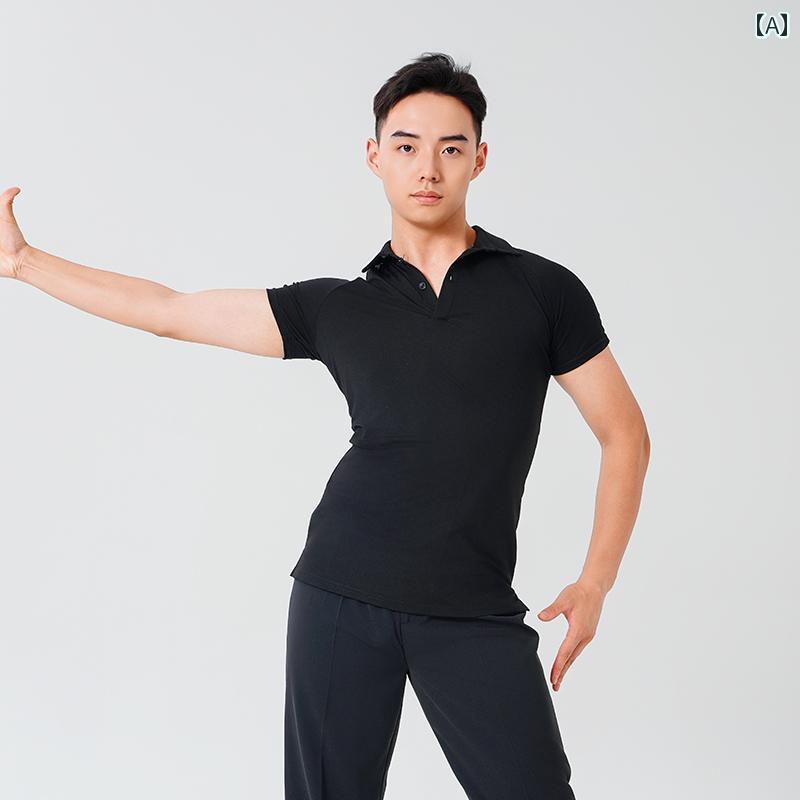 トップス メンズ Vネック スタンドカラー 半袖 ボタン 通気性 ラテンダンス モダンダンス 練習 考試