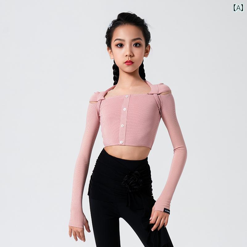 ラテンダンス 子供 女の子 長袖 スクエアネック トップス フレアパンツ 秋 パフォーマンス レッスン