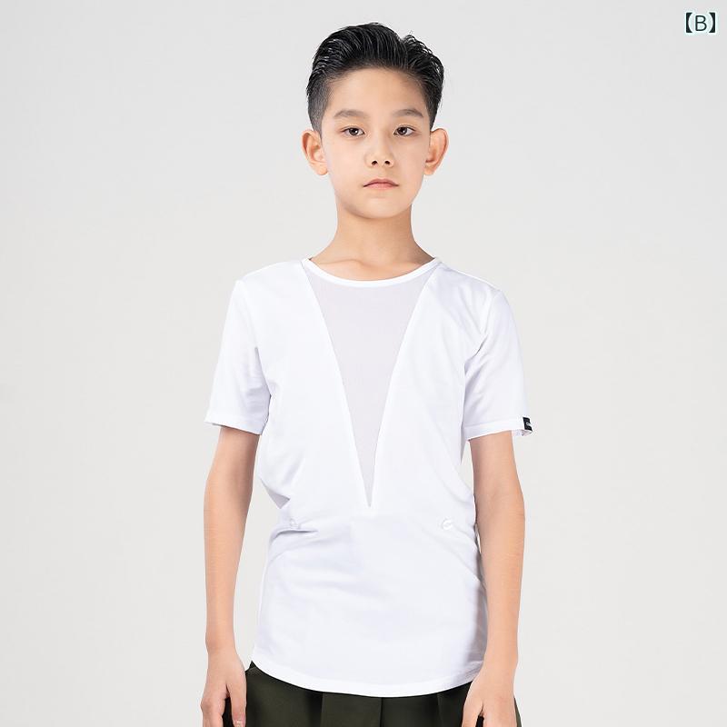ダンスシャツ キッズ 男の子 V型 メッシュ 切り替え 夏 ステージ 衣装 練習 ブラック トップス