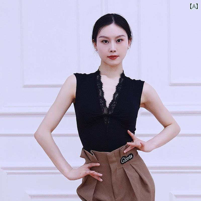 ラテンダンス レディース おしゃれ 夏 Vネック レース ノースリーブ 連裆 練習着 パフォーマンス 衣装