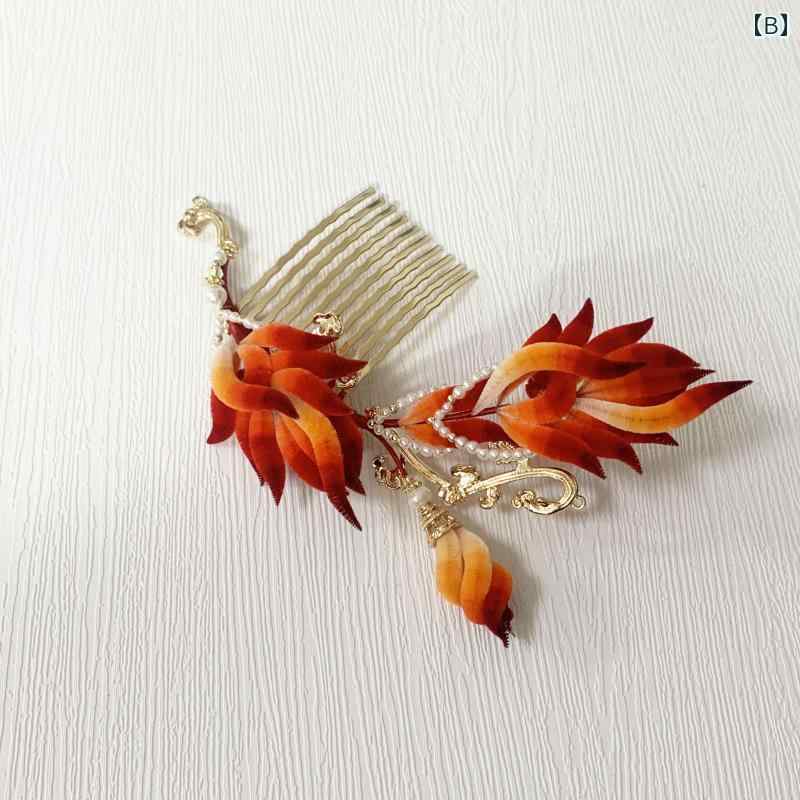 ヘアアクセサリー 髪飾り レディース 赤 フェニックス 羽レトロ 花 ヘアコーム 和装 結婚式 中華風 漢服 チャイナ風 2