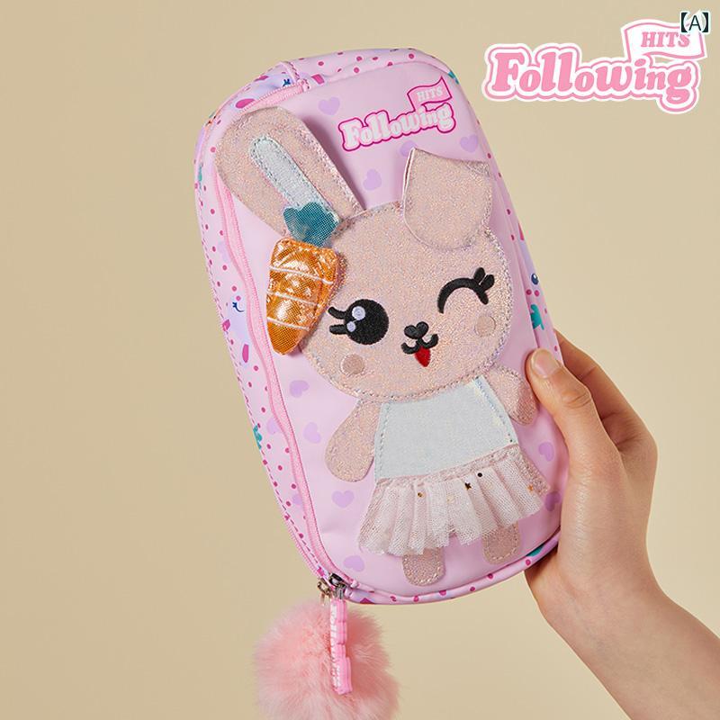 楽天フロントップ楽天市場店筆箱 ペンケース キッズ ジュニア 女の子 PU キラキラ ふわふわ ぽんぽん ボンボン 大容量 文房具 勉強 道具 新学期 入学祝 プレゼント 個性的 かわいい ピンク うさぎ