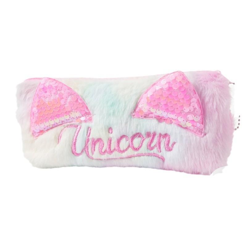 スパンコール かわいい 筆箱 ふわふわ 女の子 レディース ジッパー 猫耳 英字 刺繍 タイダイ柄 学生 ペ..