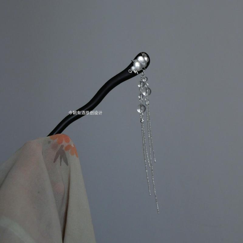 簪 檀木 きらきら チャーム ロングチェーン 雨滴モチーフ 中国風 中国風 ヘアアクセサリー レディース