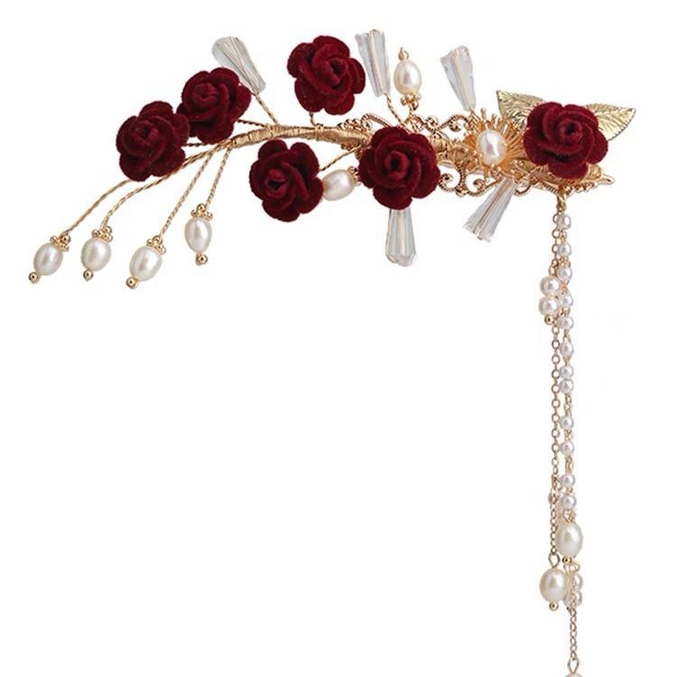 かんざし おしゃれ ヘアアクセサリー ヘアクリップ レッド フラワー 結婚式 母の日 プレゼント 髪飾り 和装 チャイナ風 パーティー サイドクリップ 後ろ髪用 上品 用 披露宴 チャイナ風 きらきら