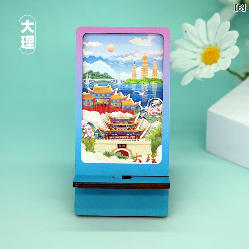 スマホスタンド 木製 おしゃれ 携帯電話 景色 建物 インテリア オーナメント 卓上 リビング 寝室 普段使い おうち時間 カラフル 青 赤