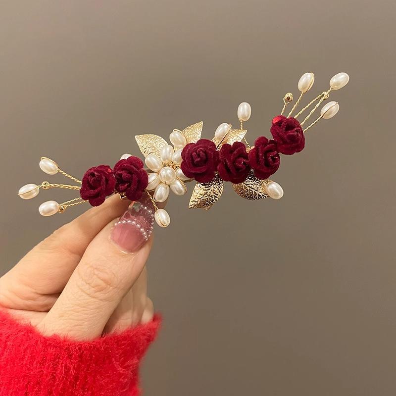 ヘアアクセサリー レディース 花飾り サイド ヘアピン 結婚式 中華風 レッド フラワー 上品 披露宴 大人式 婚約 髪飾り
