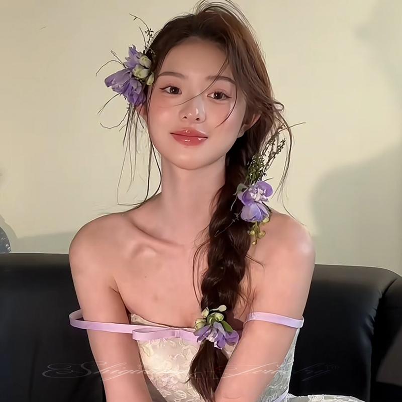 ヘアクリップ 紫 蝴蝶蘭 フェイクフラワー サイド まとめ髪 髪飾り 新婦 結婚式 フェミニン 可愛い