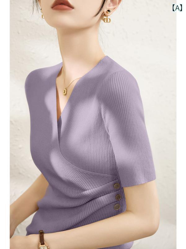 V-Neck - ニット レディース おしゃれ 大人 オフィス トップス パープル 半袖 Vネック 薄手 フィット感 サイドボタン 夏 通勤 カジュアル 上品