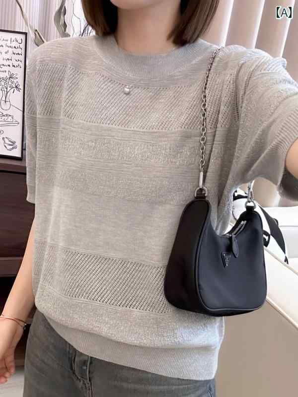 樂天商城 - tシャツ レディース おしゃれ 大人 オフィス トップス 夏 薄手 半袖 ラウンドネック レース編み ゆったり 涼しい 快適 ニット シンプル 上品