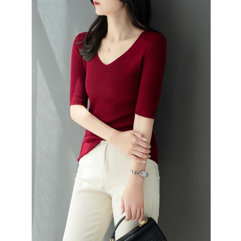 V-Neck - ニット レディース おしゃれ 大人 オフィス トップス Vネック 5分袖 スリム シルエット きれいめ 春秋 ワインレッド ミディアム袖 ベーシック 着やせ コーデ万能