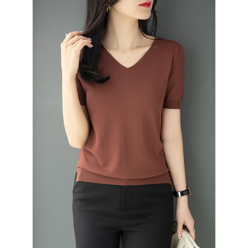 V-Neck - ニット レディース おしゃれ 大人 オフィス トップス ブラウン Vネック 半袖 薄手 フレンチ風 夏 涼しい 快適 上品 シンプル