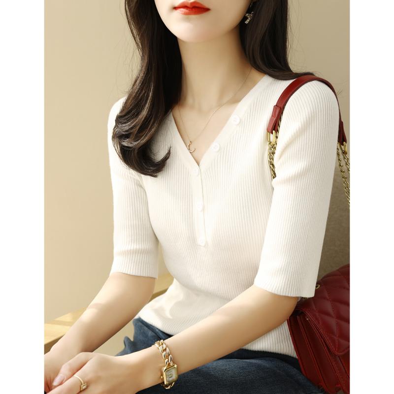 V-Neck - ニット レディース おしゃれ 大人 オフィス トップス 5分袖 Vネック スリムフィット 春秋 白 薄手 ベーシック シンプル カジュアル 上品