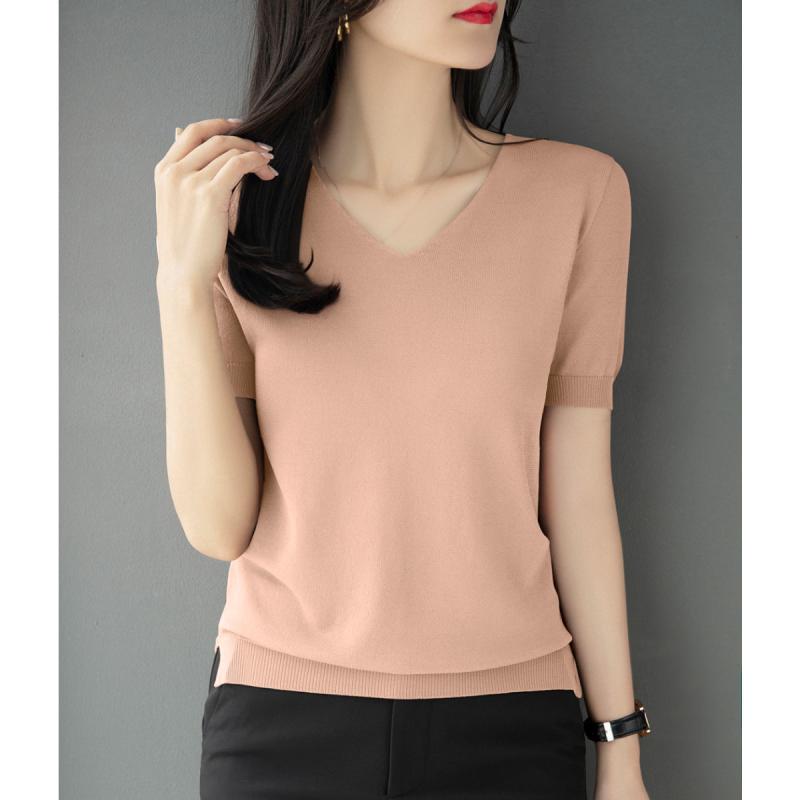 V-Neck - ニット レディース おしゃれ 大人 オフィス トップス ベージュ Vネック 半袖 春夏 風 シンプル 上品 涼しい 快適 シルエット Tシャツ