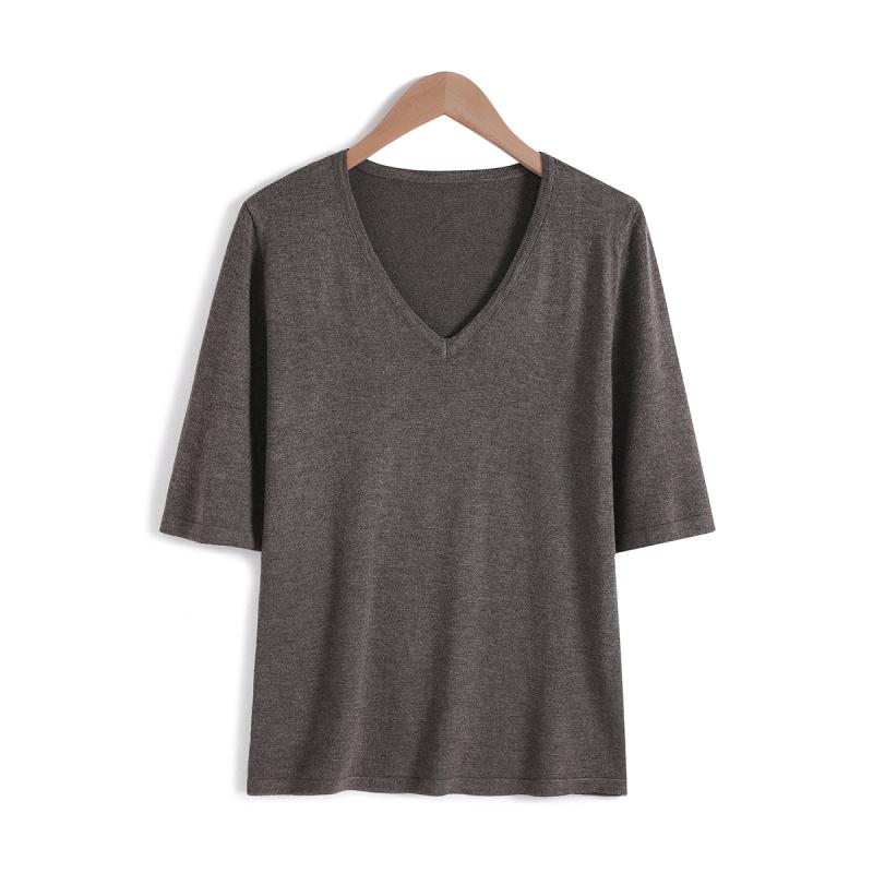 V-Neck - ニット 半袖 レディース おしゃれ 大人 オフィス トップス Vネック 5分袖 紫 薄手 涼しい 快適 夏 ゆったり tシャツ シンプル 上品