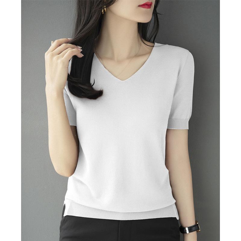 V-Neck - ニット レディース おしゃれ 大人 オフィス トップス Vネック 半袖 韓国 シンプル 薄手 夏 可愛い 着回し カジュアル