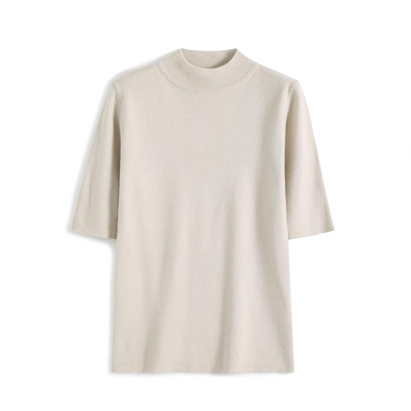 Turtleneck - ニット レディース おしゃれ 大人 オフィス トップス ハイネック 5分袖 ワインレッド 春秋 リブ タイト 清楚 きれいめ 上品