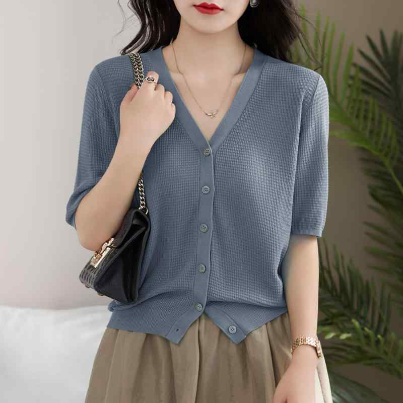 V-Neck - カーディガン レディース おしゃれ 大人 オフィス トップス 5分袖 Vネック ボタン ゆったり ニット サマー 夏 通気性 羽織 日焼け防止 上着