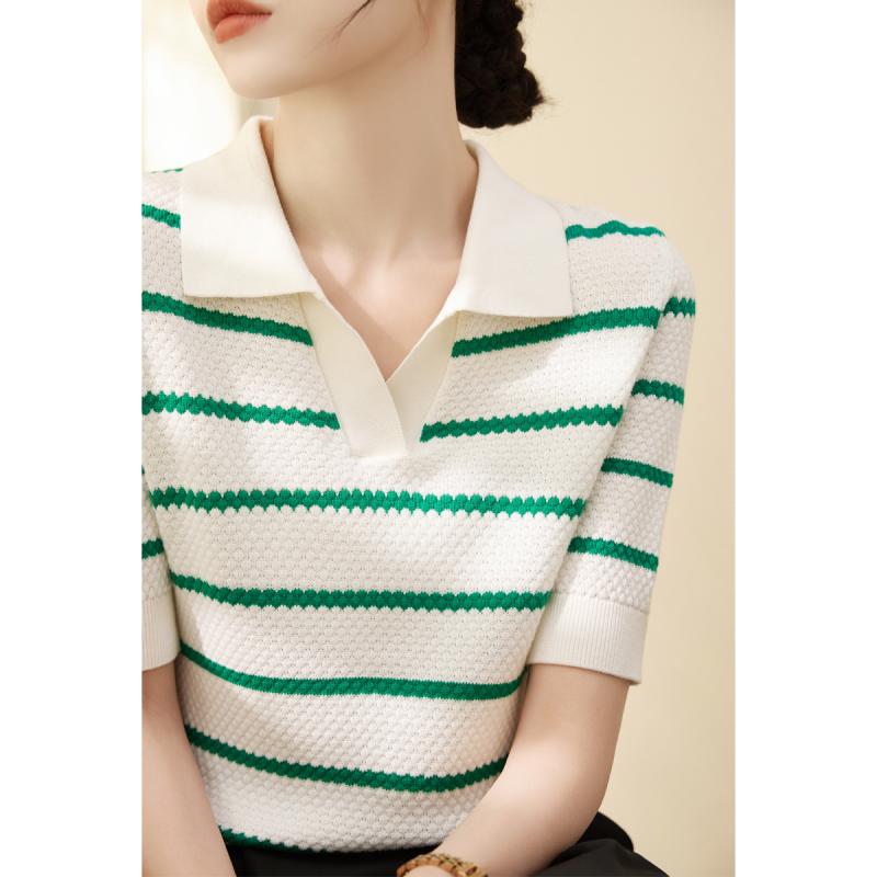 ニット 半袖 レディース おしゃれ 大人 オフィス トップス 夏 ライセル Vネック ストライプ ゆったり 薄手