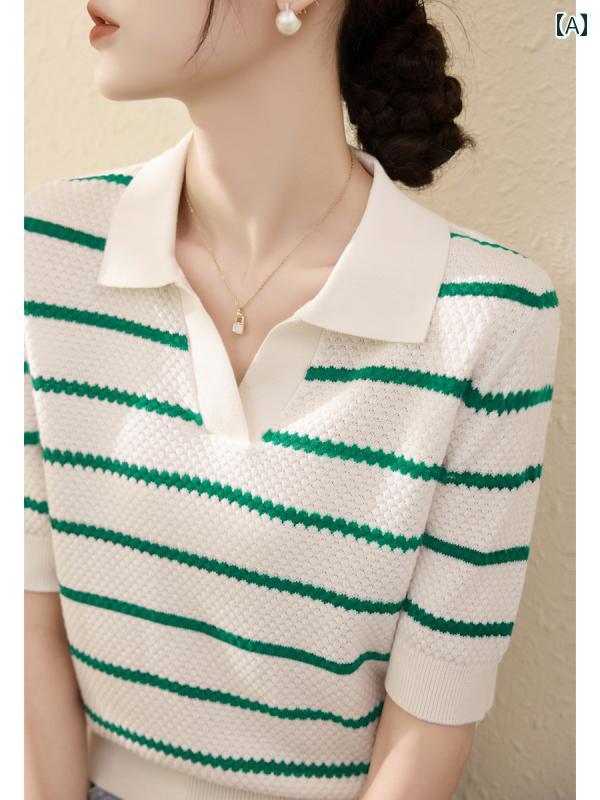 フロントップ楽天市場店のニット 半袖 レディース おしゃれ 大人 オフィス トップス 夏 ライセル Vネック ストライプ ゆったり 薄手｜アングル2