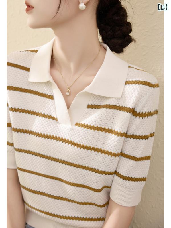 フロントップ楽天市場店のニット 半袖 レディース おしゃれ 大人 オフィス トップス 夏 ライセル Vネック ストライプ ゆったり 薄手｜アングル3