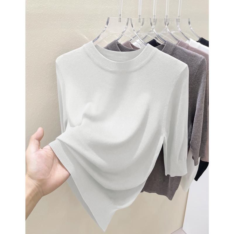 Turtleneck - ニット 半袖 レディース おしゃれ 大人 オフィス トップス 夏 ハイネック シンプル スリム 細見え ゆったり 無地 5分袖 ベーシック 着回し