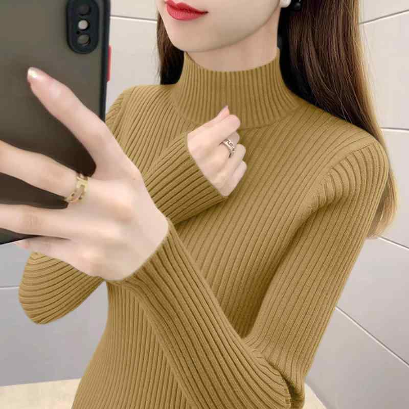 Turtleneck - ニット 長袖 レディース おしゃれ 大人 オフィス トップス ハイネック 芥子色 リブ 秋冬 厚手 シンプル 無地
