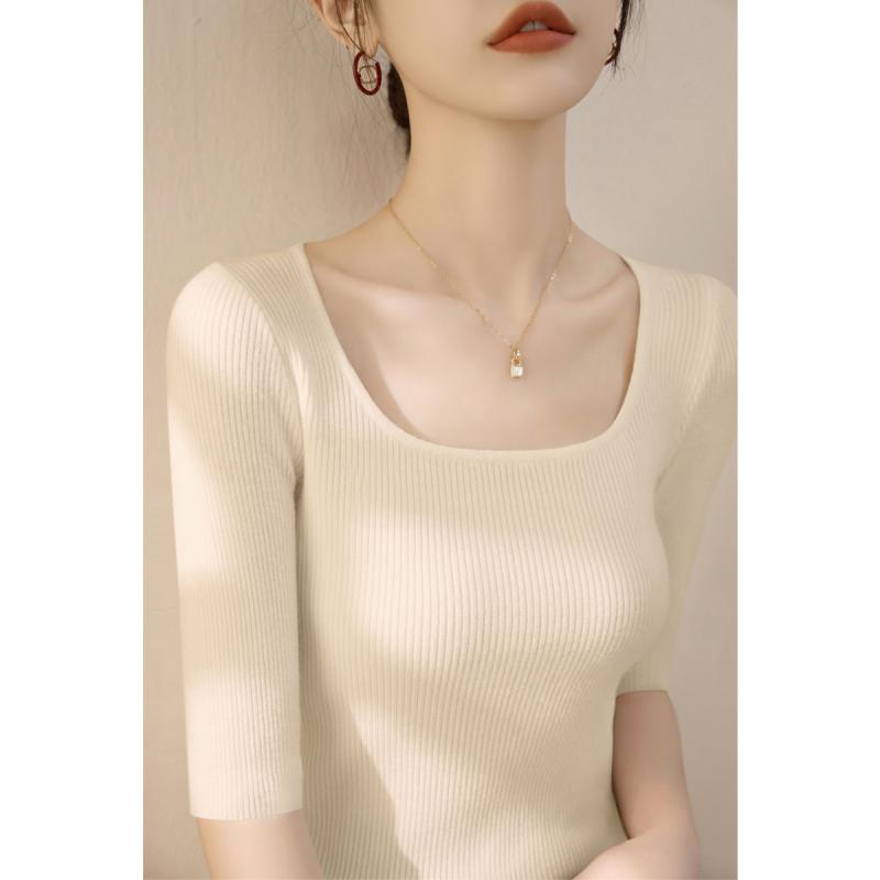 Square Neck - ニット レディース おしゃれ 大人 オフィス トップス スクエアネック Uネック 5分袖 スリムフィット 春 プルオーバー 上品