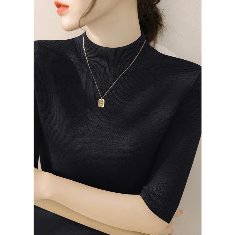 Turtleneck - ニット レディース おしゃれ 大人 オフィス トップス 春 ハイネック 5分袖 シンプル 着回し スリム 柔らかい