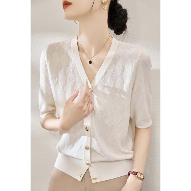 V-Neck - カーディガン レディース おしゃれ 大人 オフィス トップス 白 5分袖 Vネック ニット 薄手 ゆったり 体型カバー 夏 フロントボタン 上品 シンプル