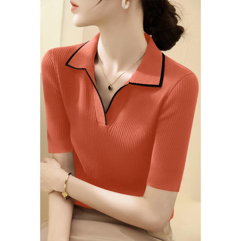 ニットシャツ レディース おしゃれ 大人 オフィス トップス 夏 Vネック ポロカラー 配色 半袖 スリム 細見え 上品 女性
