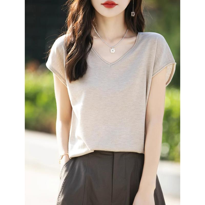 V-Neck - 半袖ニット レディース おしゃれ 大人 オフィス トップス Vネック 薄手 フレンチスリーブ 韓国 夏 ゆったり 体型カバー シンプル