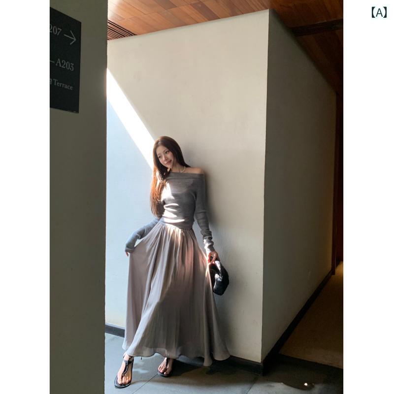 ニットトップス レディース おしゃれ ウール 露肩 オフショルダー 長袖 秋 エレガント シンプル