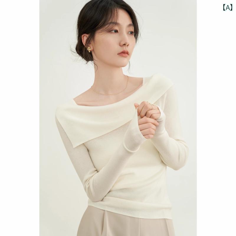 ニットトップス レディース おしゃれ 秋冬 長袖 オフショルダー スクエアネック スリム シンプル エレガント 風 上品