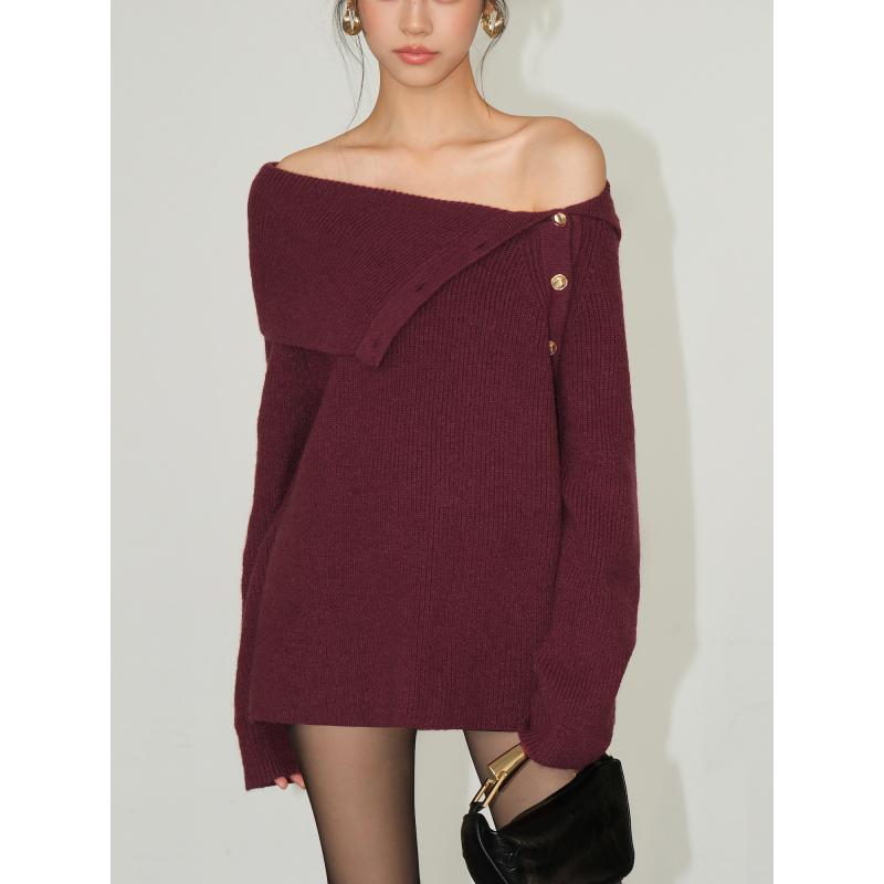 ニット レディース おしゃれ ワインレッド オフショルダー ビッグシルエット ゆったり 秋 露肩 ボタン 上品 ニットトップス