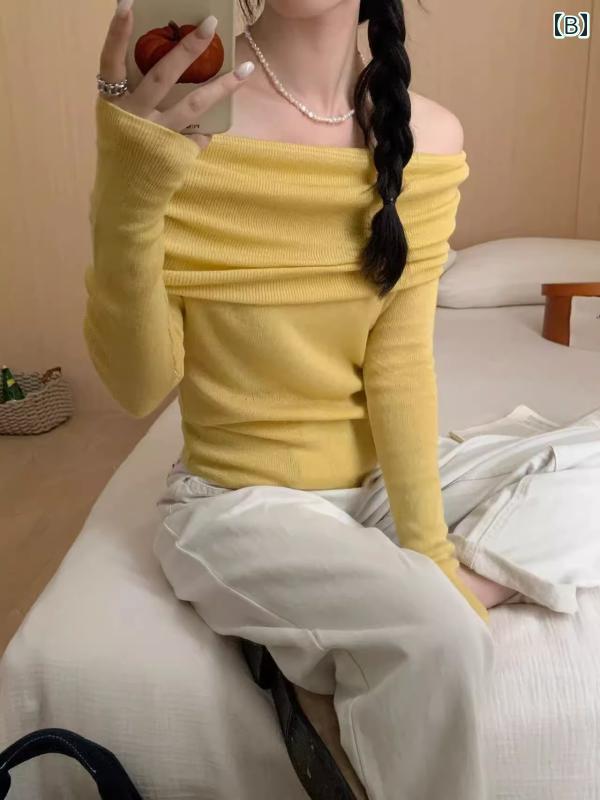 ニットトップス レディース おしゃれ ピンク オフショルダー 長袖 スリム シンプル フレンチ 春 ニットセーター