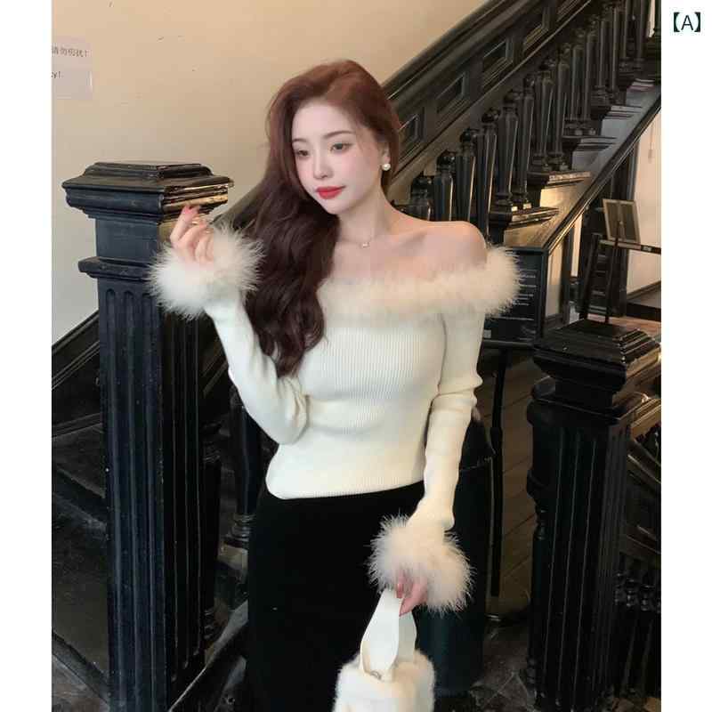 ニットトップス レディース おしゃれ 白 オフショルダー 長袖 フェザー風 秋冬 スリム タイト フリル 毛足 シンプル エレガント 韓国 着痩せ 内側レイヤー...