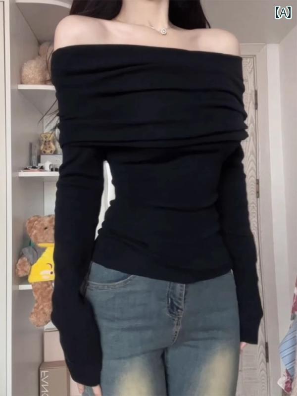 ニットトップス レディース おしゃれ オフショルダー セクシー 長袖 秋 フリル タイト フェミニン プリーツ 感