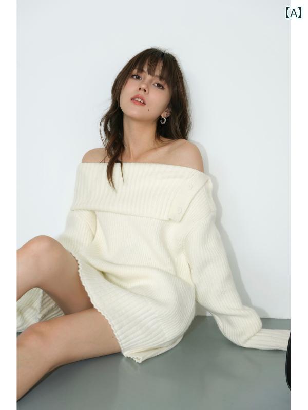 ニット レディース おしゃれ ブラック オフショルダー ゆったり 春 韓国 ヴィンテージ風 リラックスシルエット ニットトップス